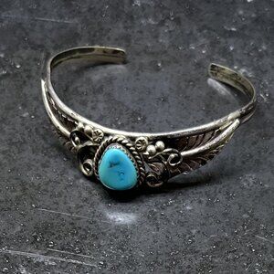 Delicate Vintage Sterling Silver and Turquoise Open Cuff Bracelet